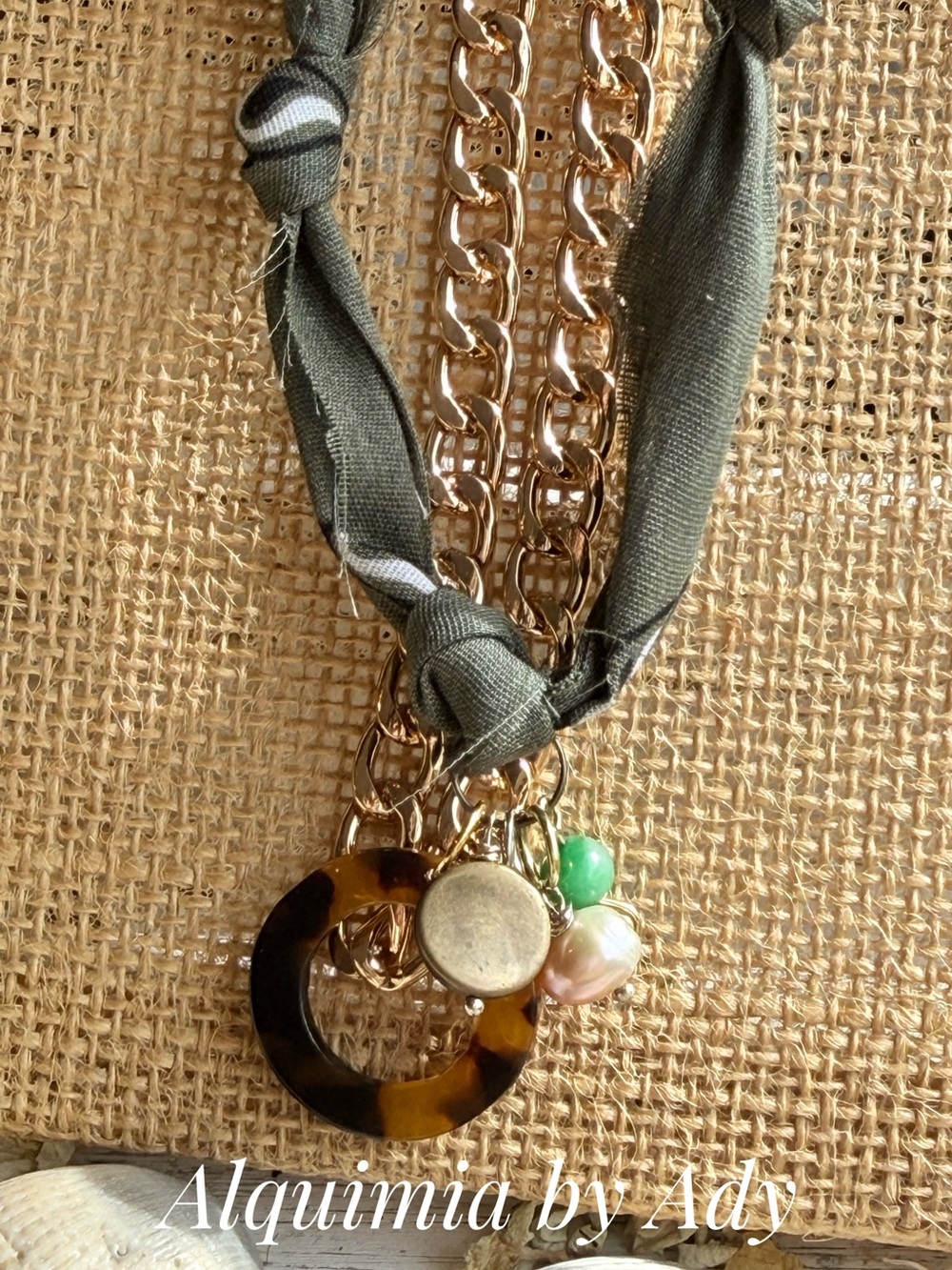 Layered Olive Green and Gold Tortoiseshell Charm Necklace